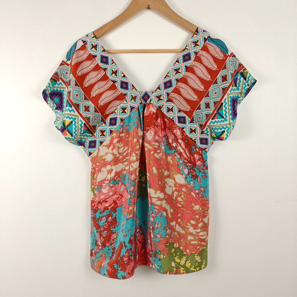 Tibi Eclectic Patterns V-Neck Short Sleeves 100% Silk Blouse Size 4 Boho Artsy